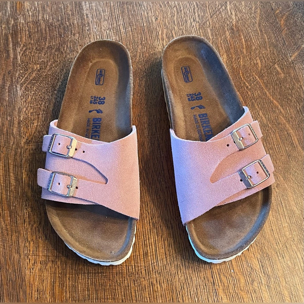 Birkenstock Pink Suede Double Rose Gold Buckle Strap Sandals size 38